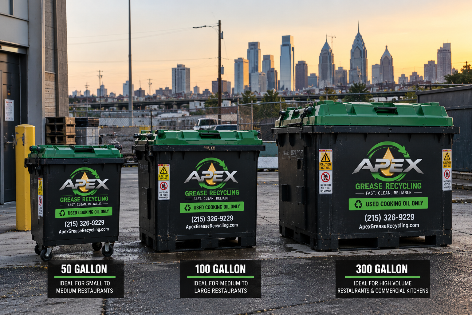 Apex Grease Recycling 50, 100 and 300 gallon used-cooking-oil collection containers with the Philadelphia skyline behind
