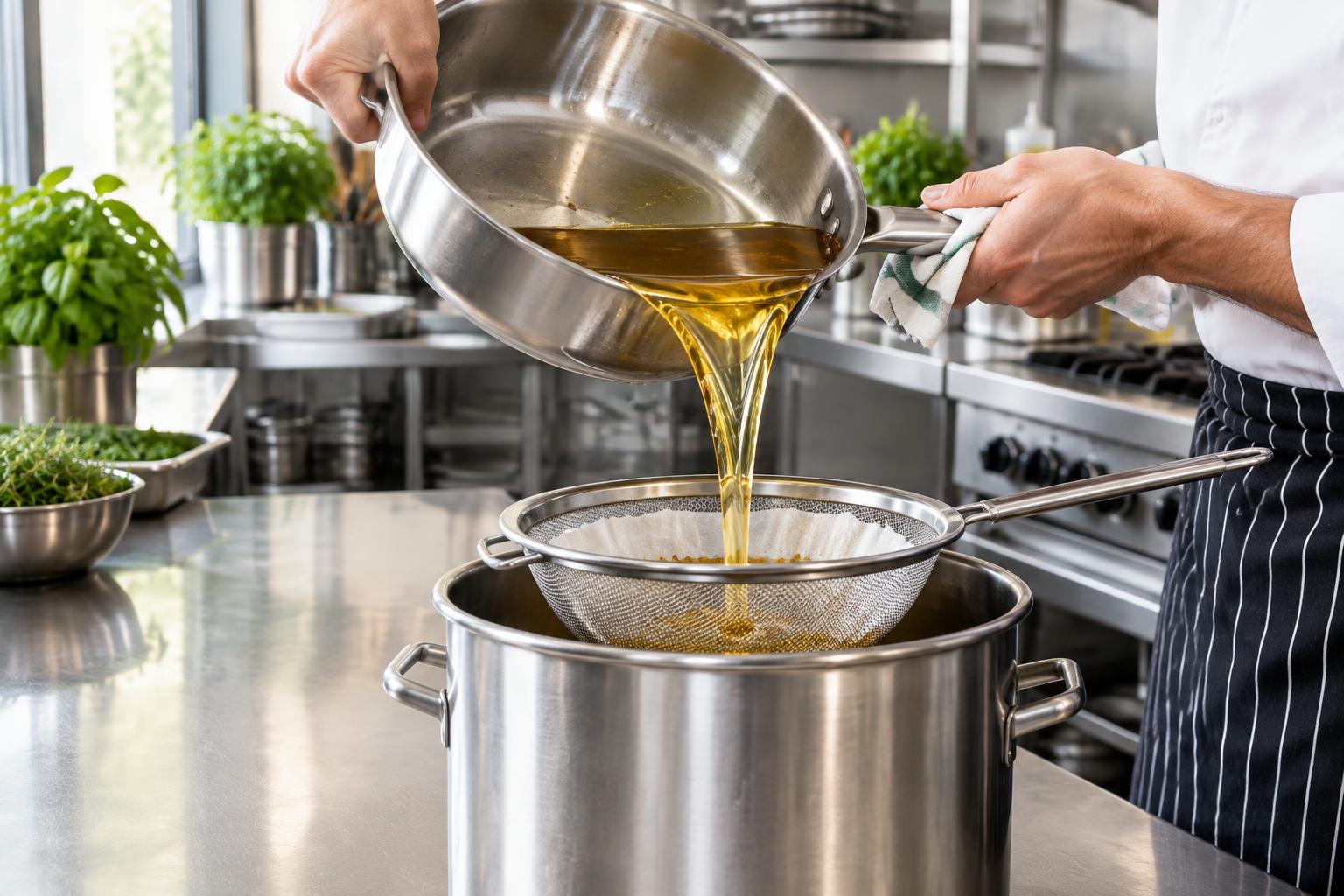 Restaurant worker carefully filtering used cooking oil