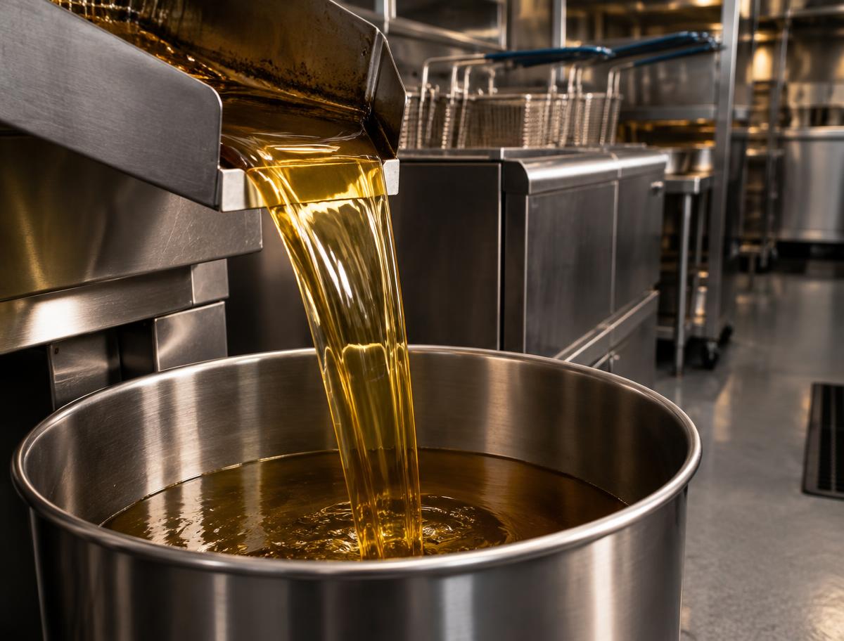 Golden used cooking oil pouring into a clean collection vessel